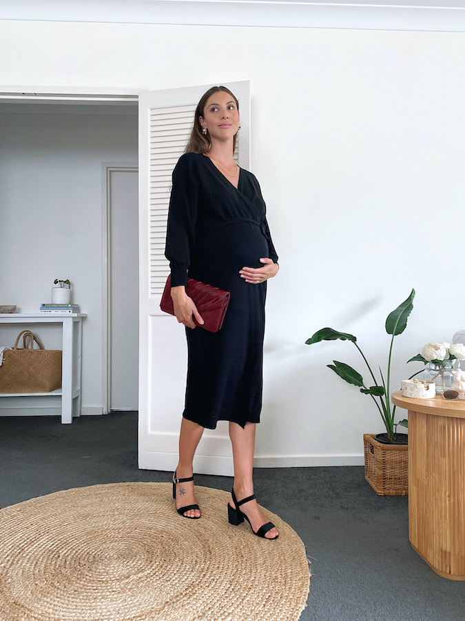 Maternity outfit black wrap dress and small heels