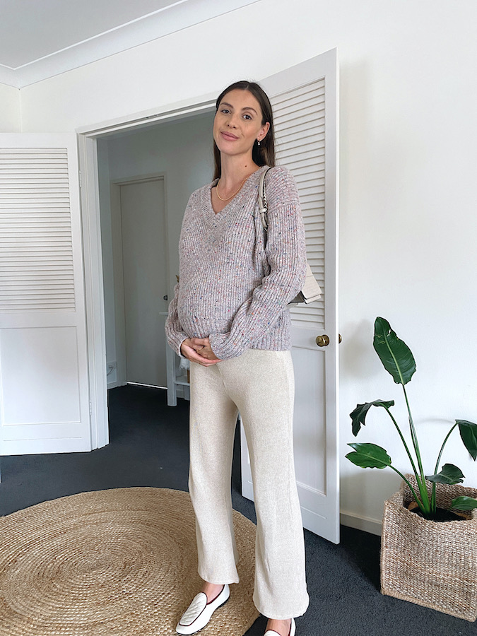 Maternity outfit knit pants, jumper and loafers