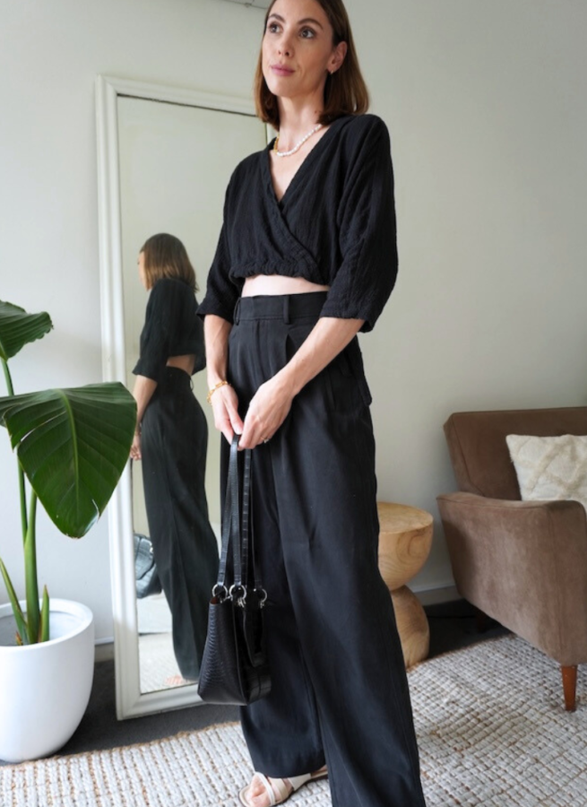 minimal outfit ideas black wide leg trousers